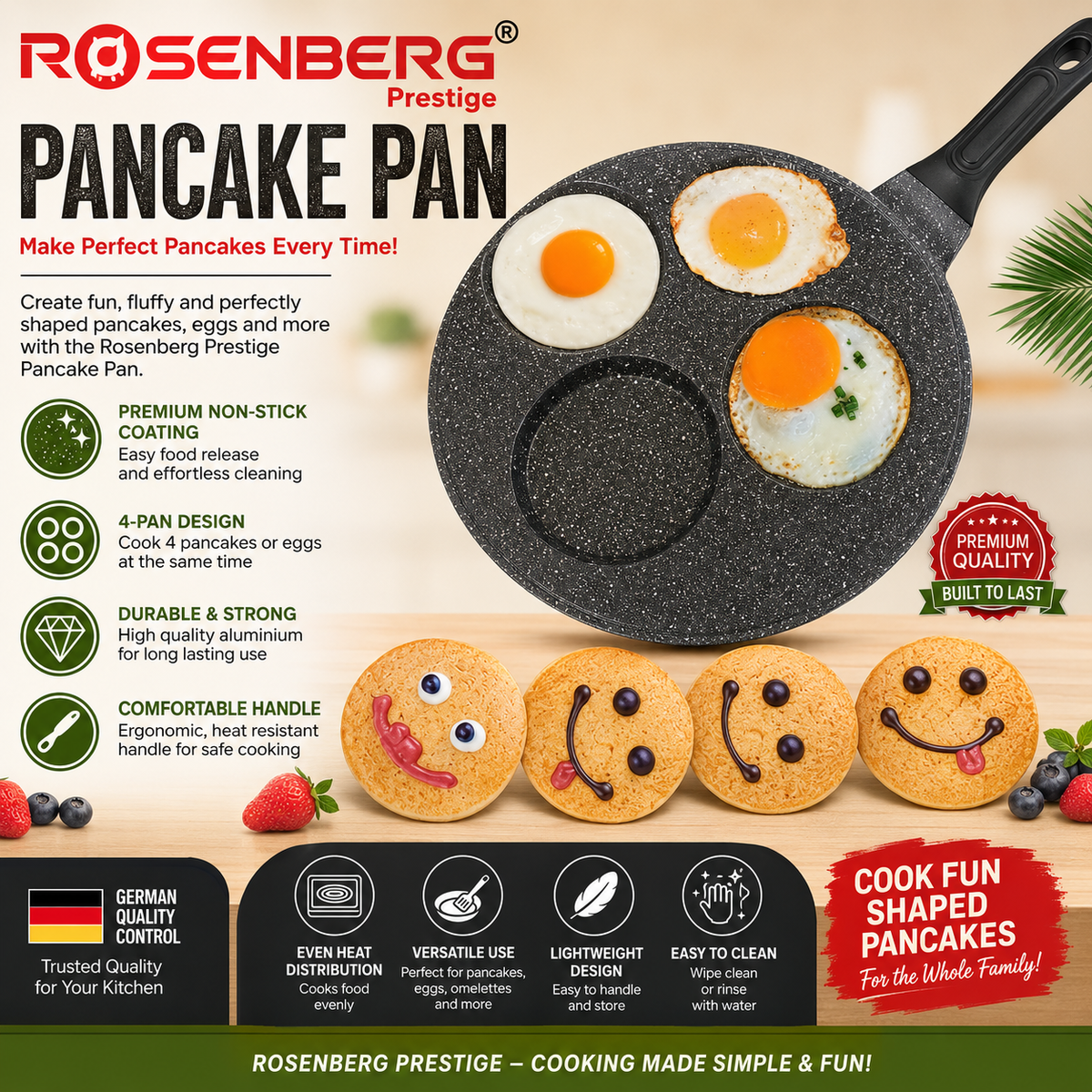 PANCAKE/ EGG PAN WITH 4 HOLE DESIGN, NON STICK & PREMIUM COATING by ROSENBERG