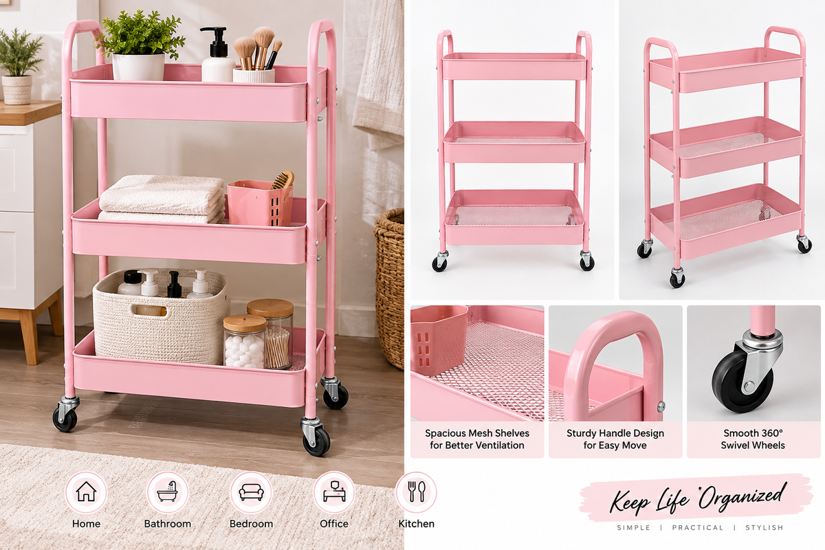 3-Tier Pink Rolling Utility Storage Cart with Wheels