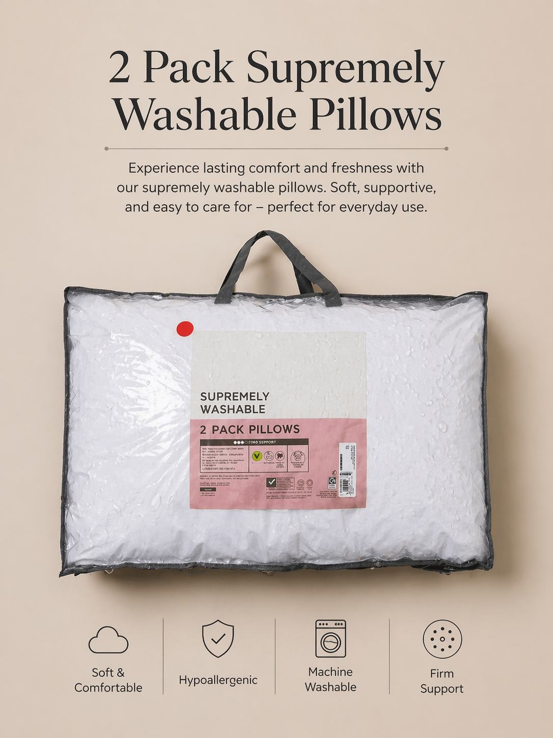 2 Pack High Street Supremely Washable Pillows – Soft, Supportive & Easy Care