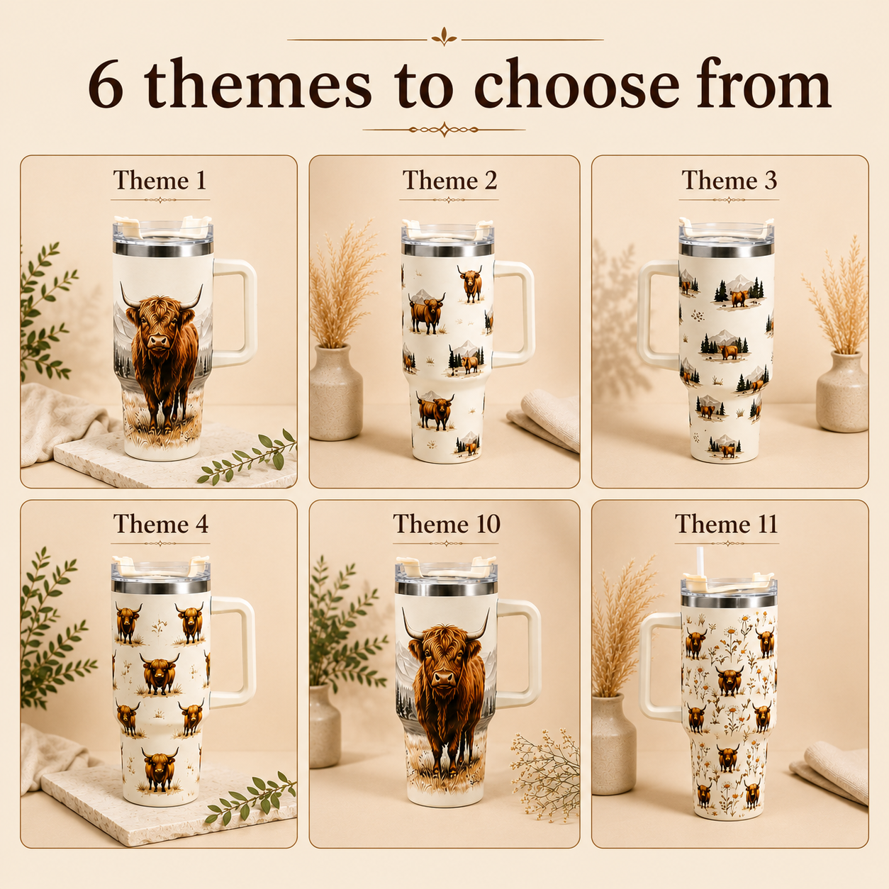 COW STANLEY - IN 6 DIFFERENT THEMES - INSULATED TRAVEL MUG WITH HANDLE & STRAW LID