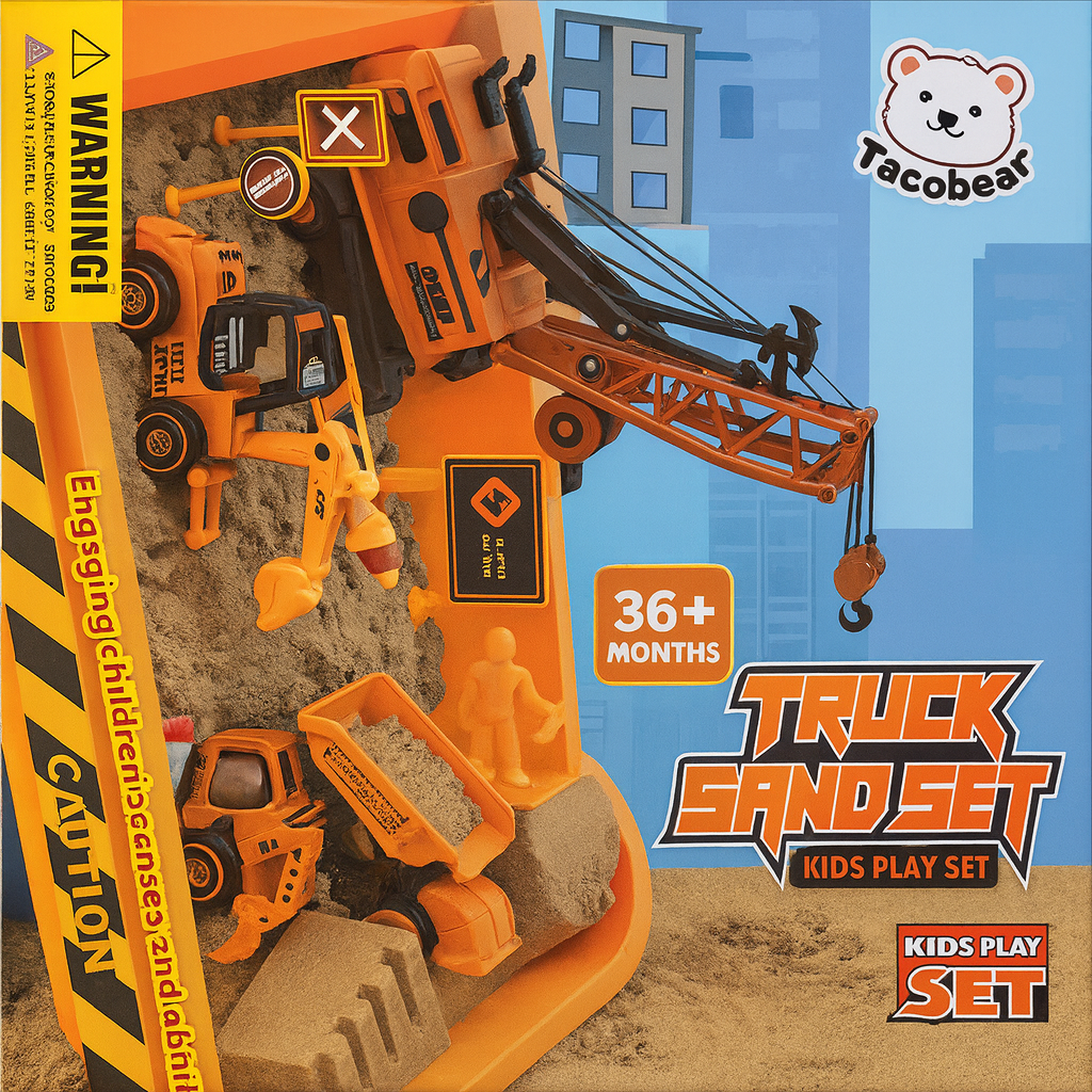 Tacobear Truck Sand Play Set – Construction Vehicles & Tools with Sand Moulds, Crane, and Accessories | Kids Sandbox Toy for Ages 3+