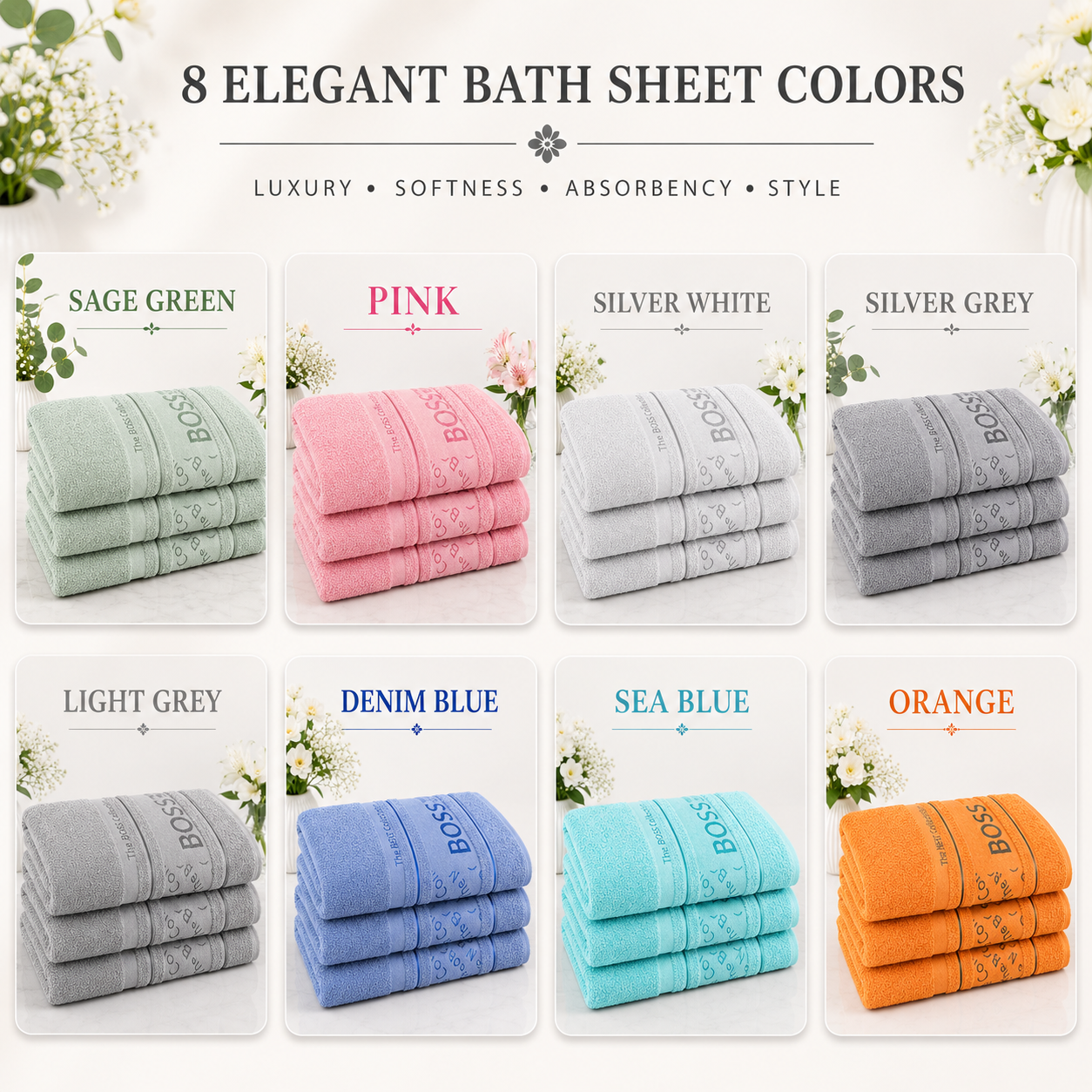 BOSS BATH SHEETS IN 8 DIFFERENT COLORS - SET OF 3/PACK (90cm*150cm) - EGYPTIAN COMBED 100%COTTON