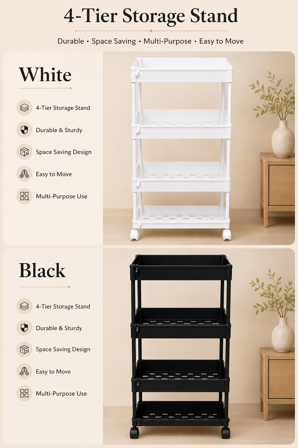 4 TIER PLASTIC STORAGE SHELVES RACK - BLACK/WHITE - EASY TO MOVE & SPACE-SAVING VERTICAL DESIGN