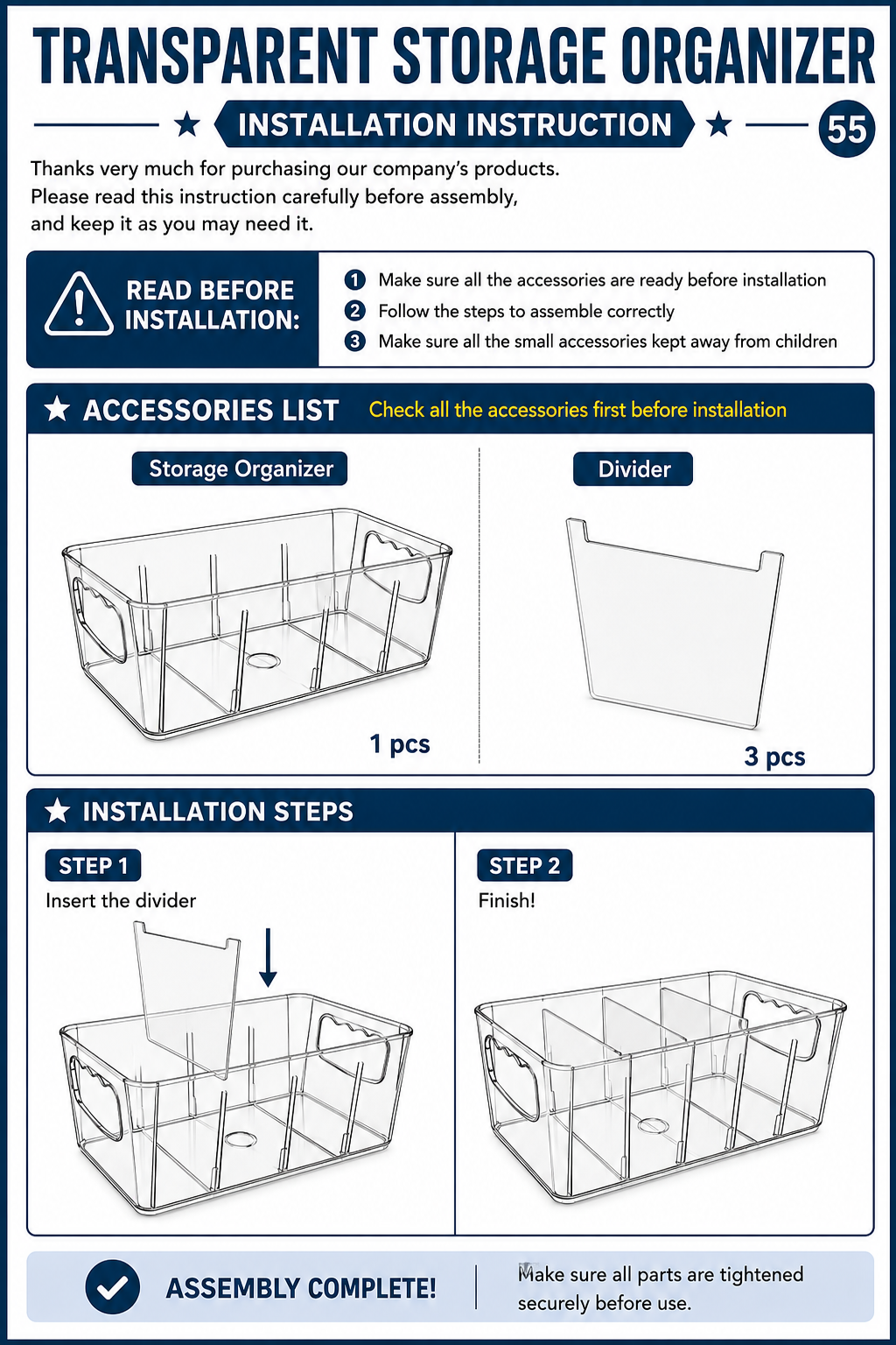 TRANSPARENT STORAGE BOXES - SET OF 4/PACK - REMOVABLE DIVIDERS WITH CONVENIENT SIDE HANDLES