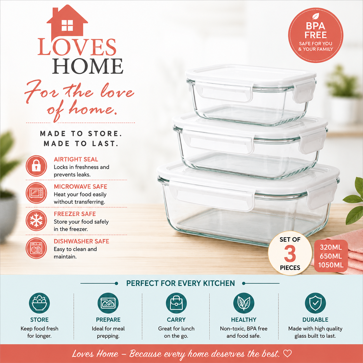 3 IN 1 GLASS FOOD STORAGE SET - SIZE - SMALL, MEDIUM & LARGE - PREMIUM BOROSILI by Loves Home