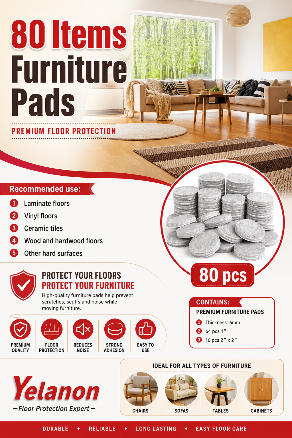 80 FURNITURE PADS WITH PREMIUM FLOOR PROTECTION - (Thickness - 6mm) STRONG & REDUCE NOISE