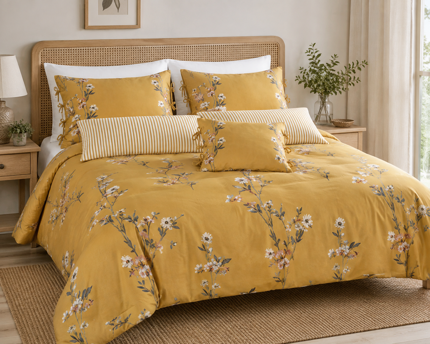 HIGH ST BRAND - SOLENE PAINTED BLOOMS BED SET | PURE COTTON | Size- Double