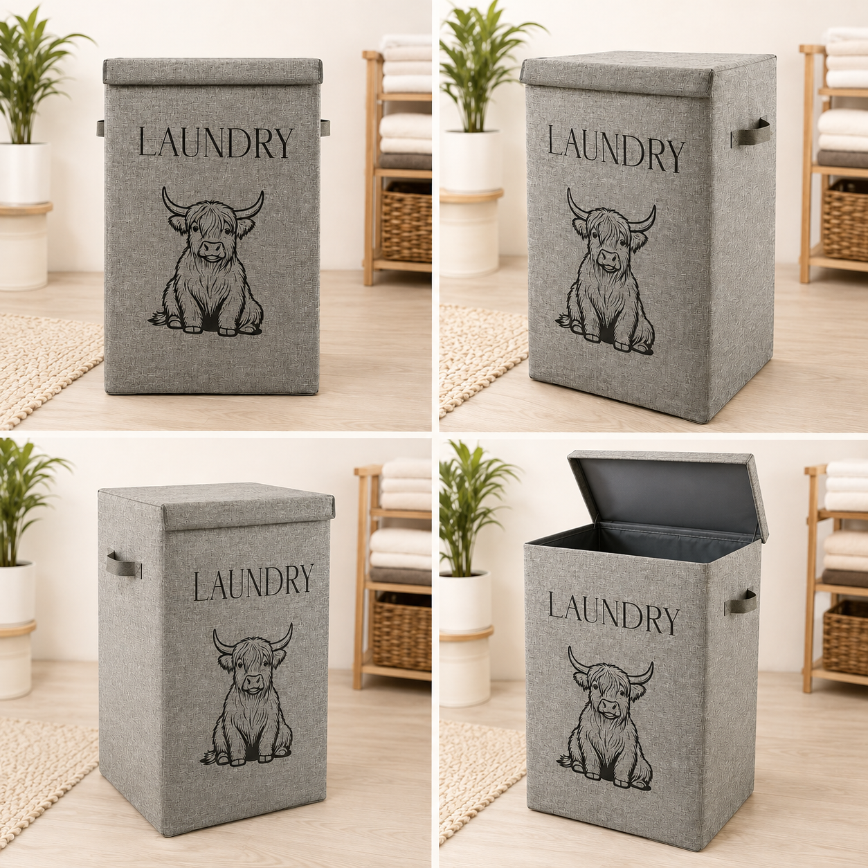 LAUNDRY BASKET - 40*30*60cm - SELFSEAL LID & STURDY HANDLES - GREY COW EDITION