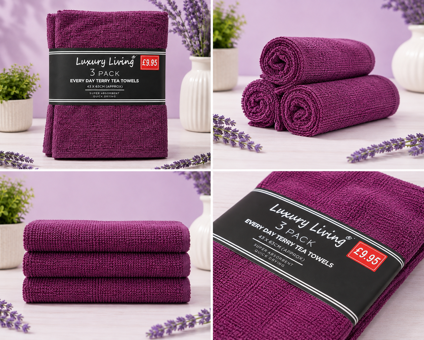 EVERYDAY TERRY TEA TOWELS - SET OF 3/PACK - 43cm*63cm - RANDOM COLORS - SUPER ABSORBENT & QUICK DRYING