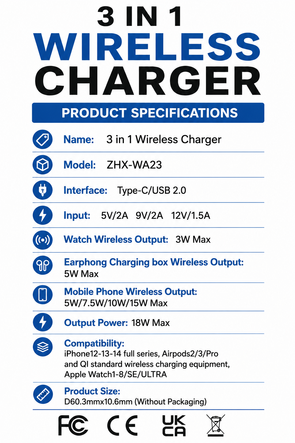 3 IN 1 WIRELESS CHARGER - 18W MAX - TYPE-C/USB 2.0
