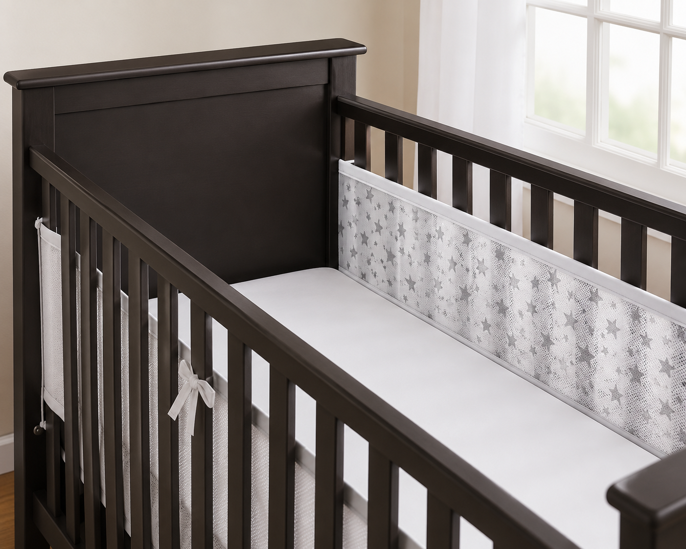 3D BREATHABLE BABY CRIB MESH LINER - SILVER TWINKLE STARS THEME - HIGHLY SOFT - 0 MONTHS+