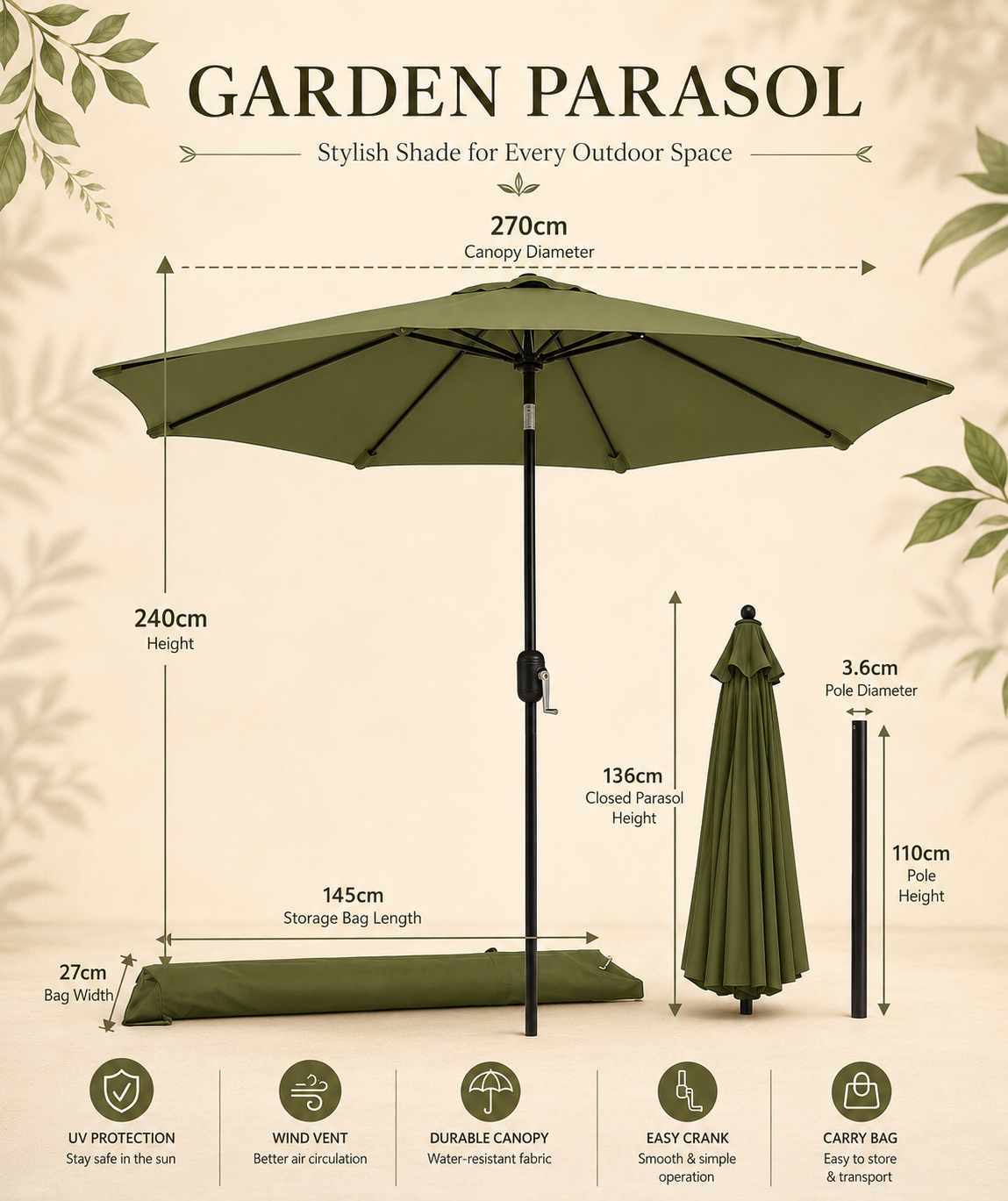 2.7m GARDEN PARASOL UMBRELLA FOR MULTIPLE OUTDOOR OCCASIONS - OLIVE GREEN EDITION