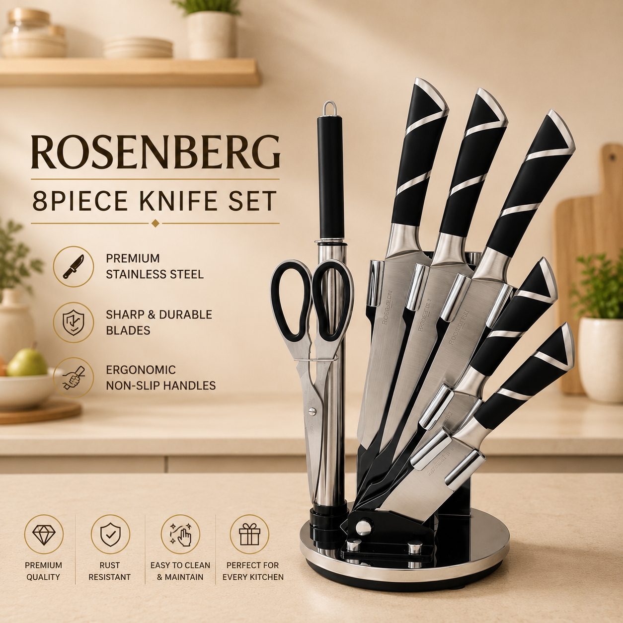 8 PIECE KNIFE SET - HIGH QUALITY WITH ACRYLIC STAND - MODEL NO:RB-008B - BLACK COLOR - by ROSENBERG - FOR 18+