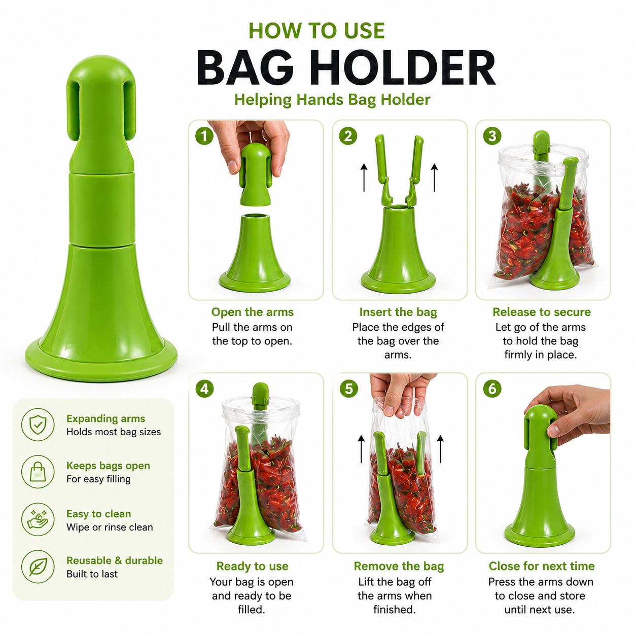 HELPING HANDS BAG HOLDER - GREEN COLOR - KEEPS MOST BAGS OPEN FOR FILLING by JOIE