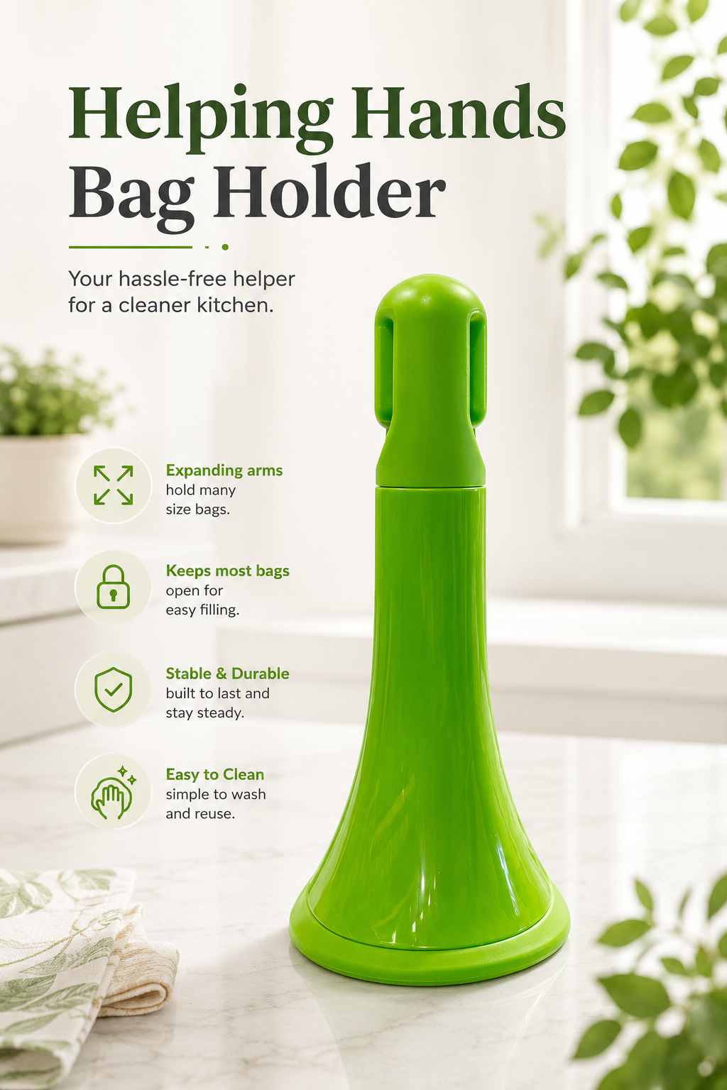 HELPING HANDS BAG HOLDER - GREEN COLOR - KEEPS MOST BAGS OPEN FOR FILLING by JOIE