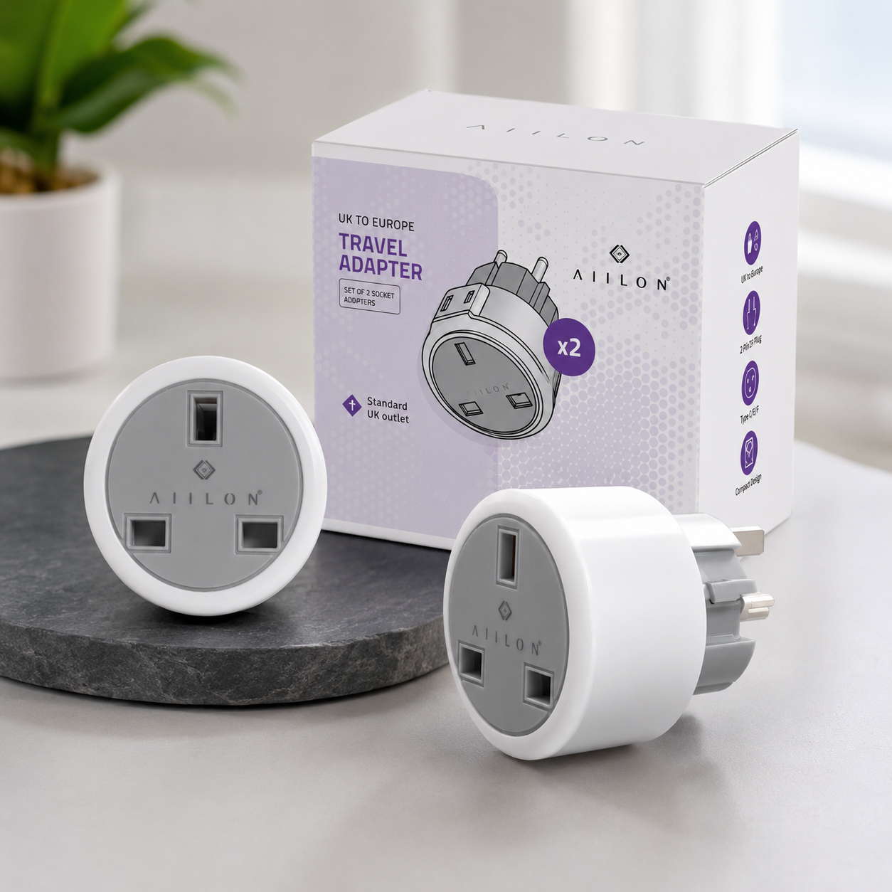 UK TO EUROPE TRAVEL ADAPTER PLUG SET – SET OF 2 SOCKET/PACK - (European Travel Plug Adapters for UK Devices) by AIILON