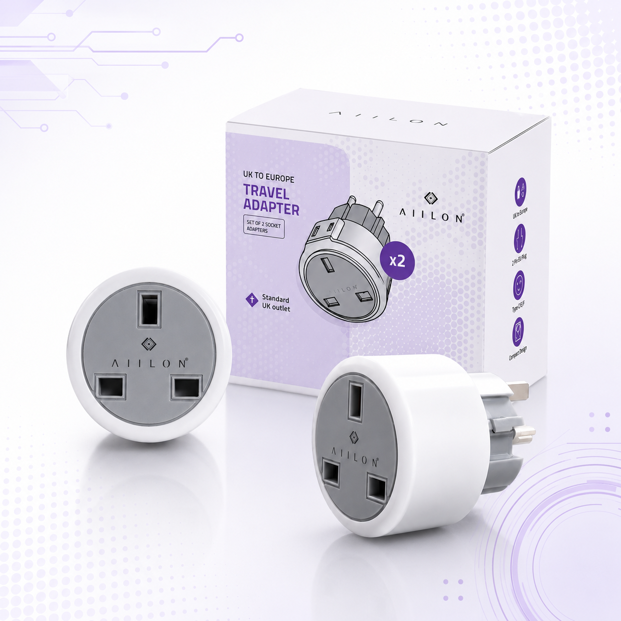 UK TO EUROPE TRAVEL ADAPTER PLUG SET – SET OF 2 SOCKET/PACK - (European Travel Plug Adapters for UK Devices) by AIILON