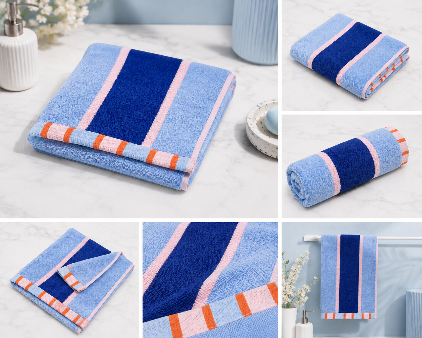 HIGH ST BRAND - BLUE & ORANGE STRIPES HAND TOWEL -50x90CM