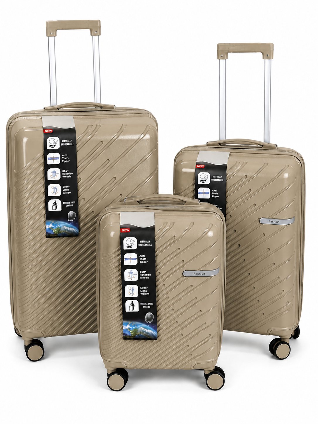 3 PIECES LUGGAGE SET - IN 5 DIFFERENT COLORS - Dark Grey, Khakhi, Black, Denim Blue, and Light Grey