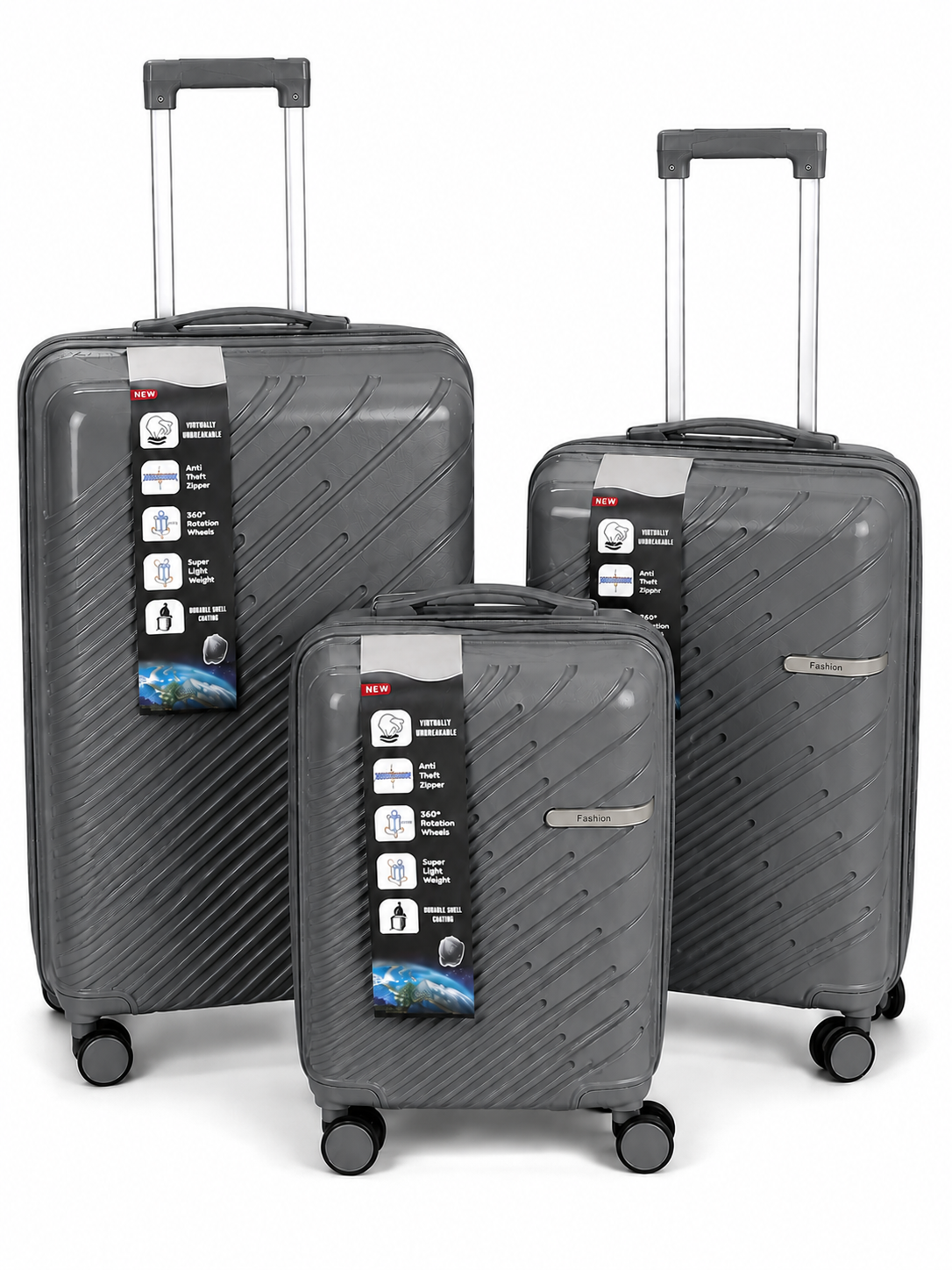 3 PIECES LUGGAGE SET - IN 5 DIFFERENT COLORS - Dark Grey, Khakhi, Black, Denim Blue, and Light Grey