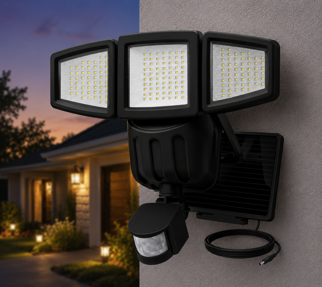 THREE HEAD SOLAR POWERED CORDLESS LIGHT - 182 LED - BLACK/WHITE
