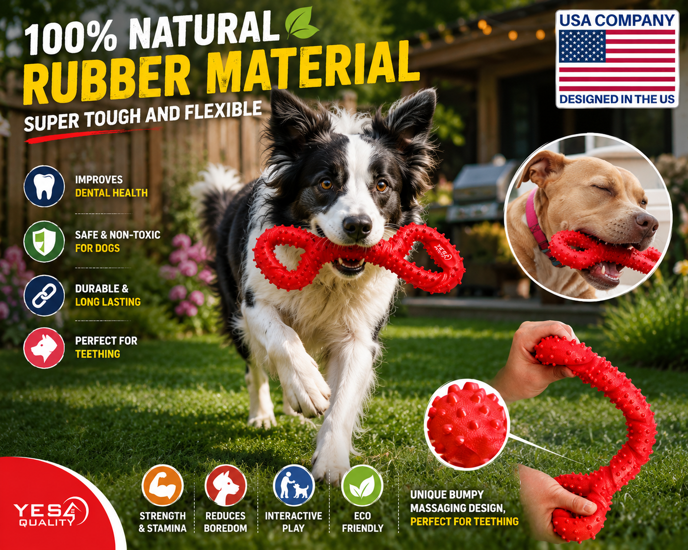 DOG CHEW TOY (RED COLOR)- YES4QUALITY Durable Chew Bone for Medium & Large Dogs - 33 cm, Red - Tough Rubber Tug-of-War Bone Pet Toy for Aggressive Chewers - Bumpy Design for Puppy Teething