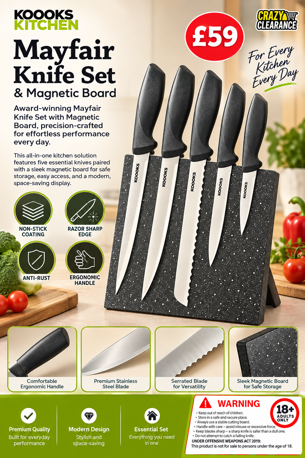 6 PIECES KNIFE SET ALONG WITH MAGNETIC BOARD KNIFE HOLDER - FOR ABOVE 18 YEARS
