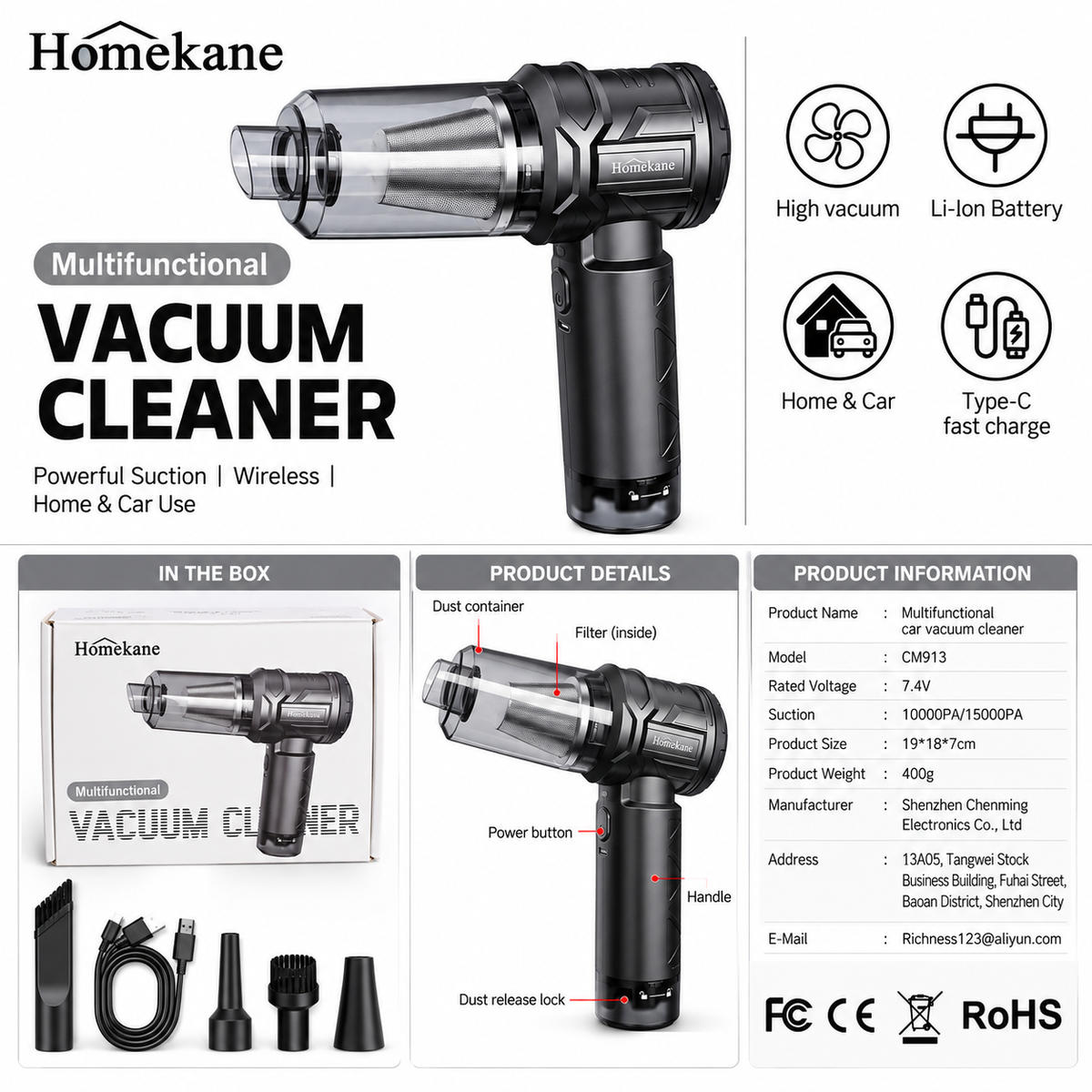 MULTIFUNCTIONAL VACUUM CLEANER - HIGH VACUUM, C-TYPE CHARGER FOR USING IN HOME & CAR by HOMEKANE