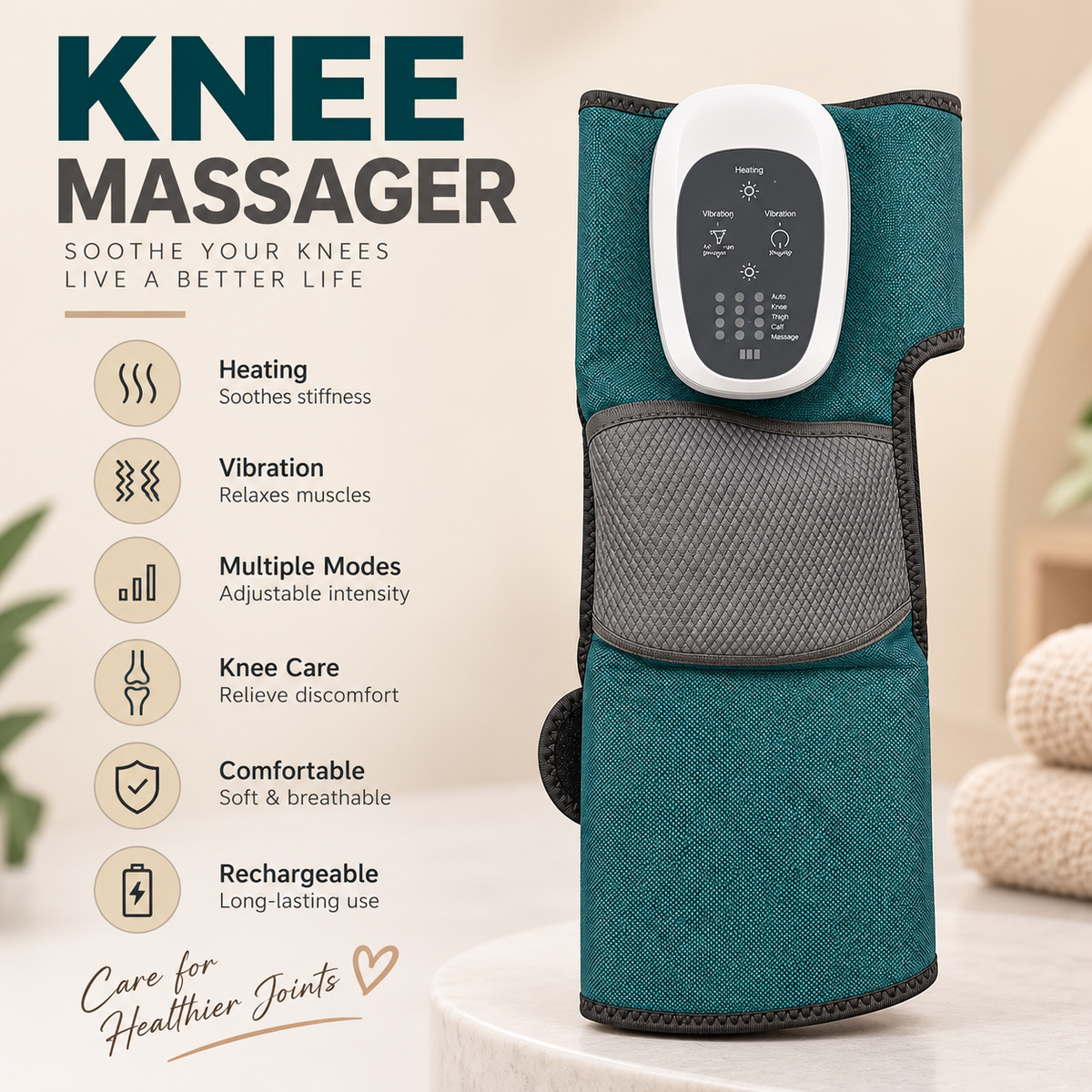 KNEE MASSAGER FOR ALL LEG SIZES - HEATING FUNCTION, HIGH ELASTIC FABRIC & DOUBLE RELIEF