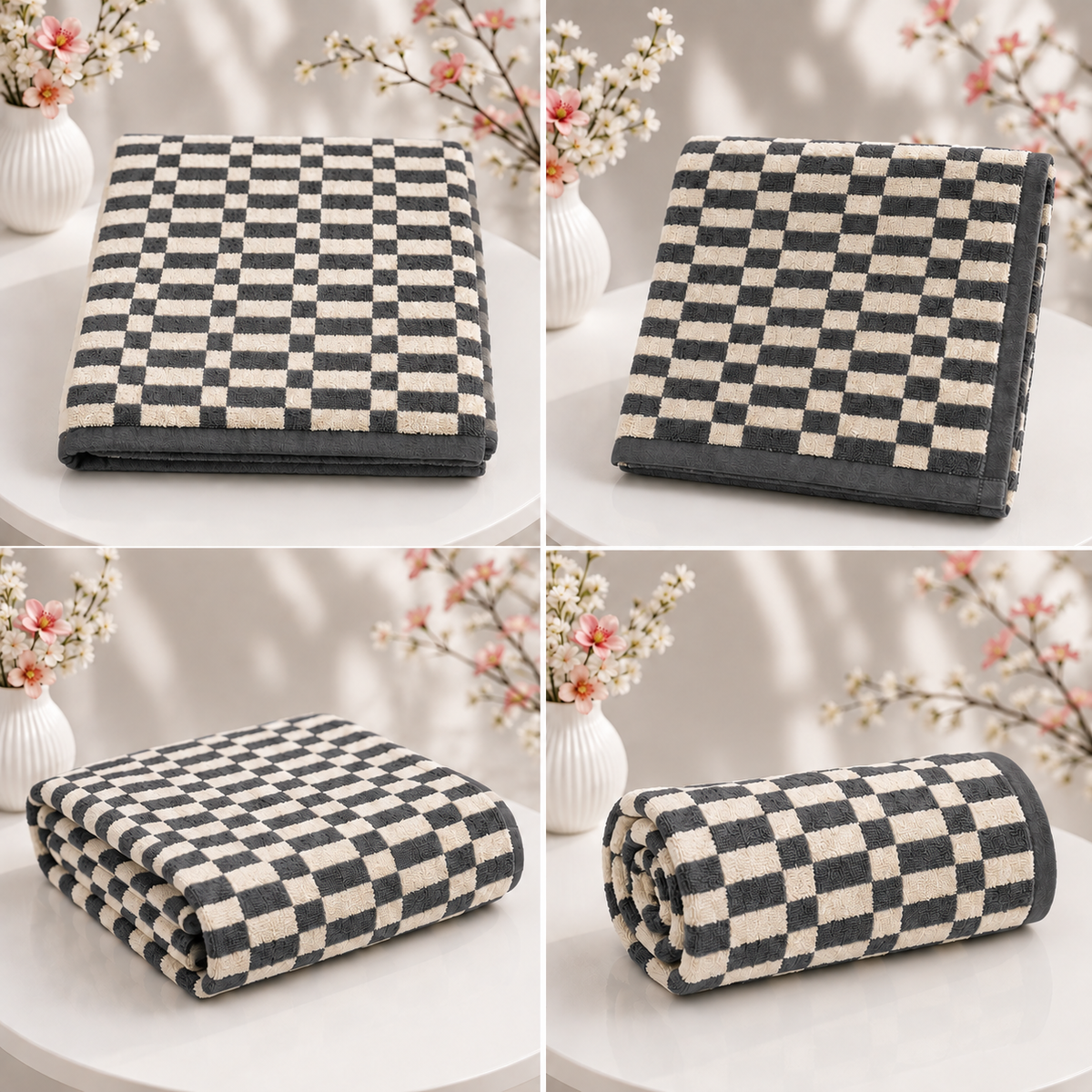 HIGH ST BRAND - PURE COTTON BATH TOWEL - GREY & WHITE BLOCK CHECK PATTERN - 550GSM - SUPER SOFT & ABSORBENT - 70cm*137cm