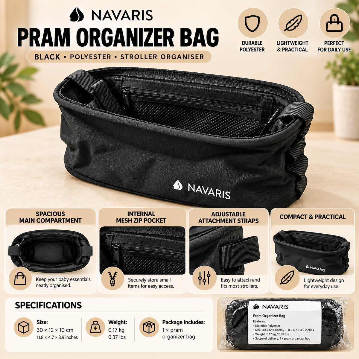 PRAM ORGANIZER BAG - BLACK IN COLOR - SIZE - 30cm*12cm*10cm