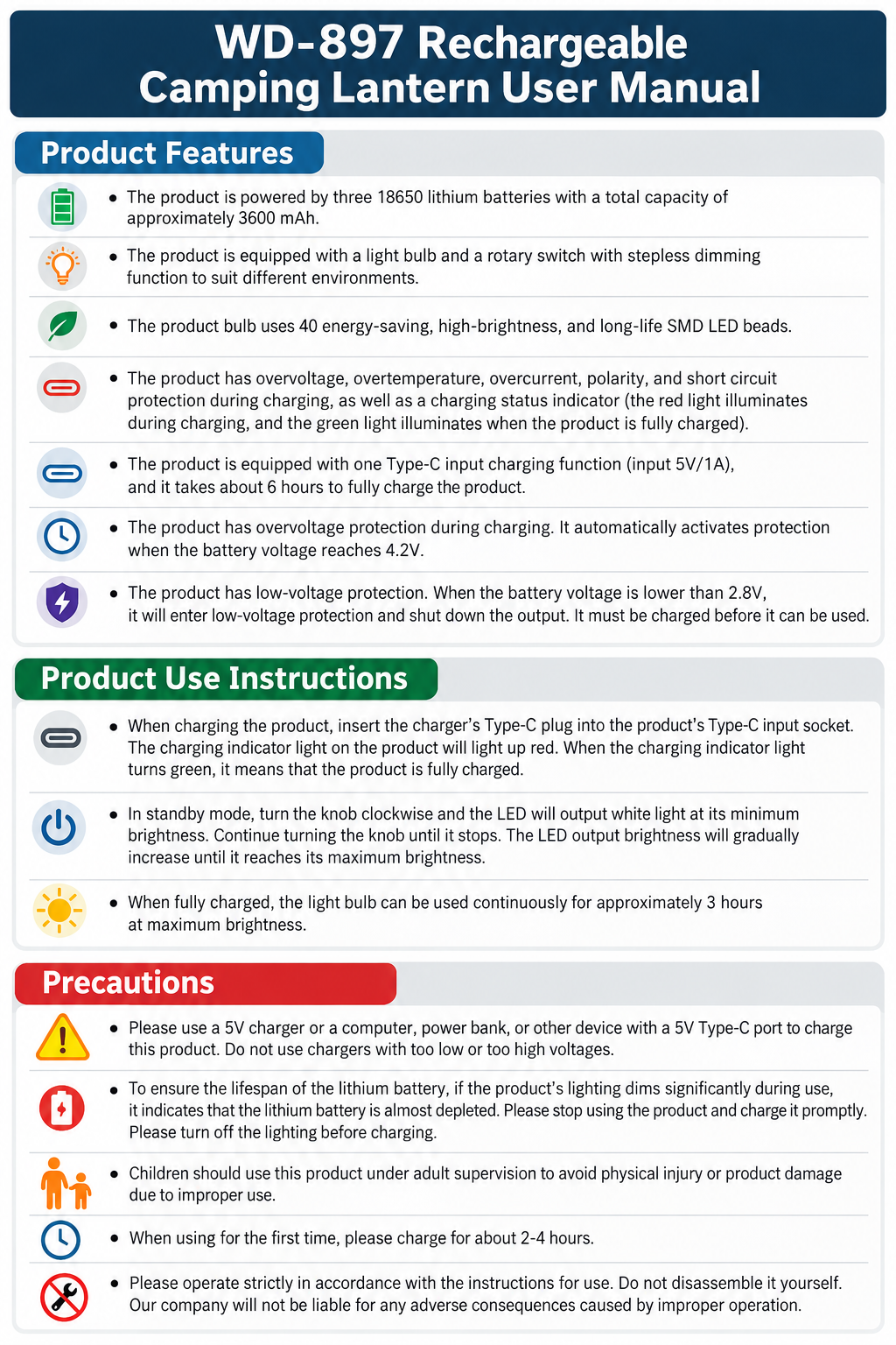 WD-897 Rechargeable Camping Lantern – Lithium Battery & Stepless Brightness Adjustment -WD-897