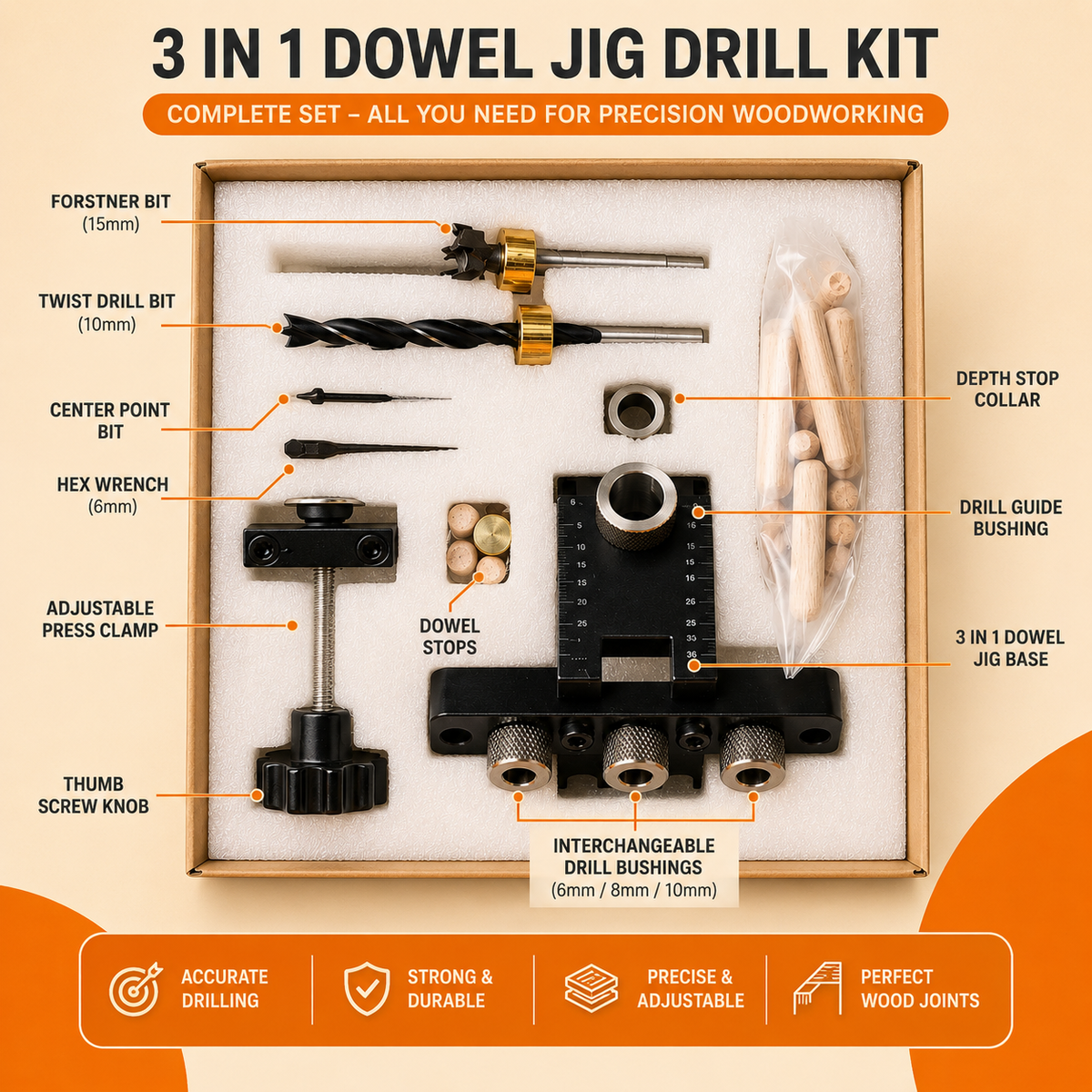 3 IN 1 DOWEL JIG DRILL KIT IN BLACK COLOR