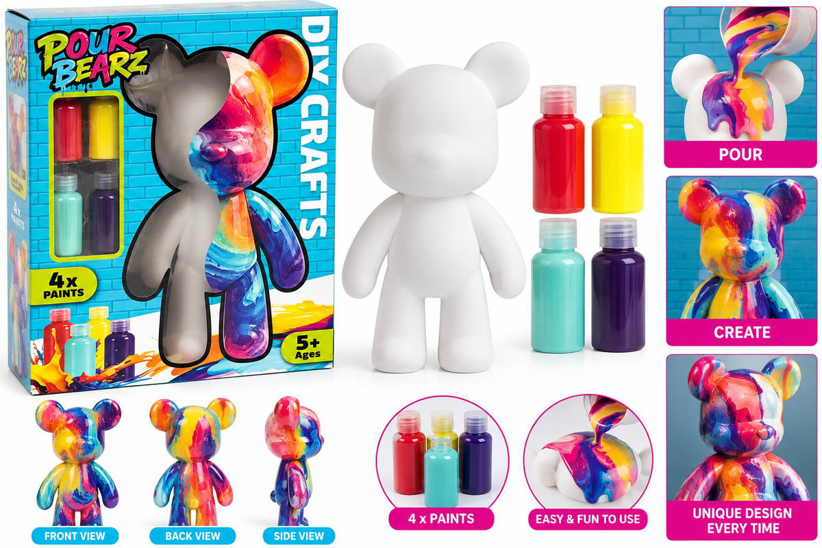 XL Pour Bearz DIY Paint Your Own Bear Craft Kit – 4 Colour Paint Pouring Art Set