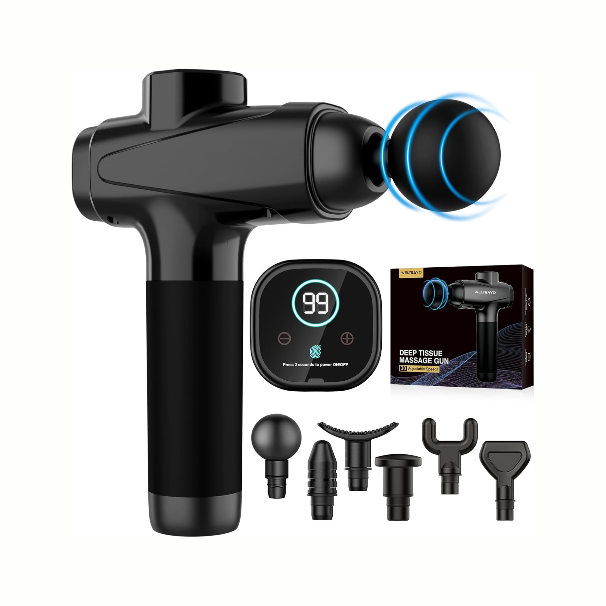Deep Tissue Massage Gun with 6 Attachments & LCD Display – Muscle Recovery & Pain Relief