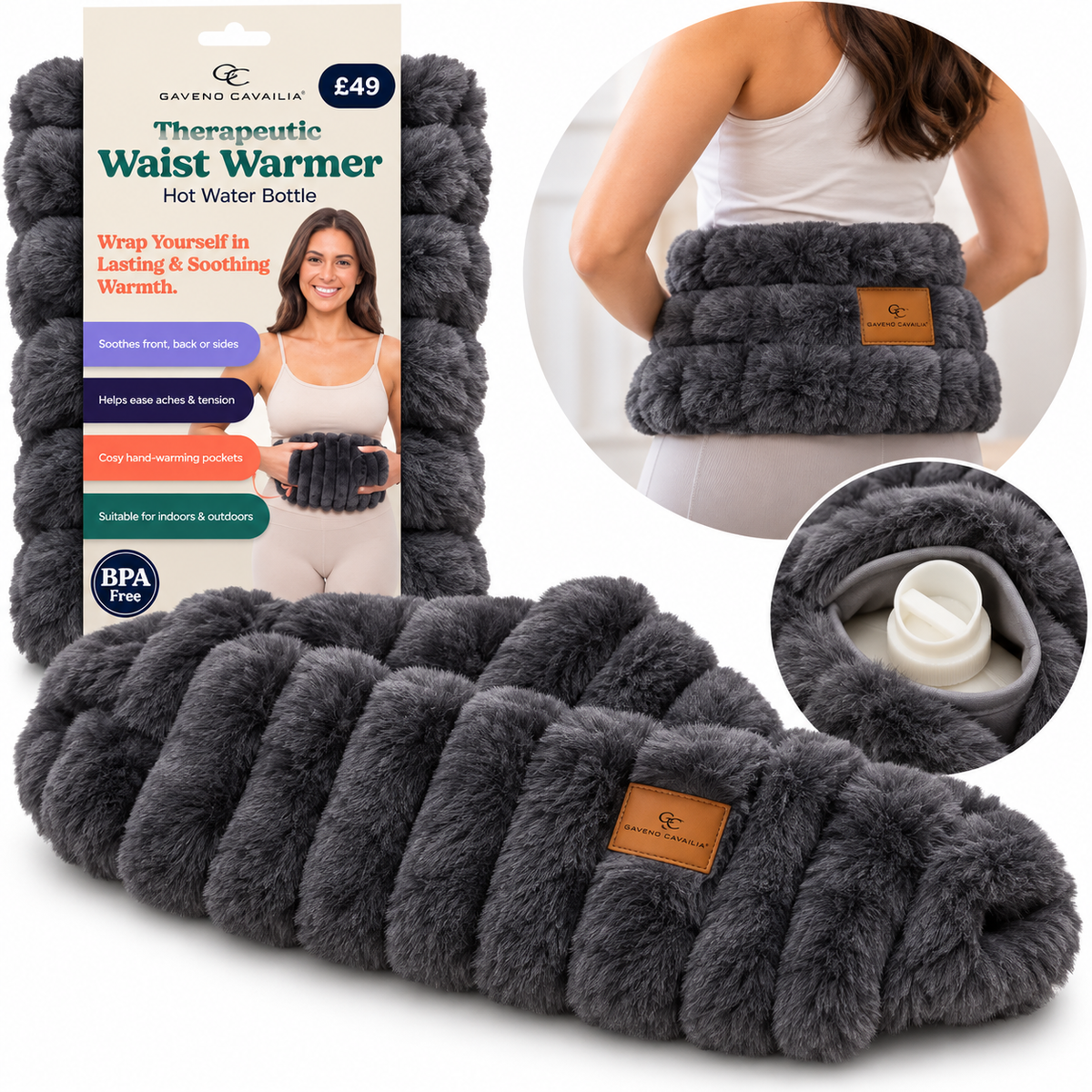 Gaveno Cavailia Therapeutic Waist Warmer,charcoal – Luxury Grey Faux Fur Hot Water Bottle with Hand-Warming Pockets