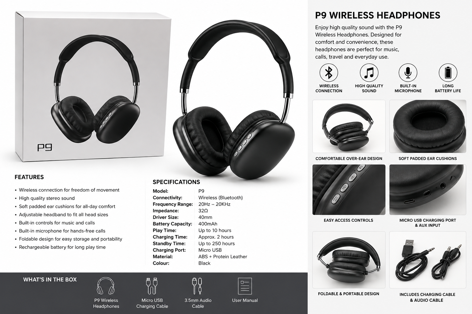 P9 Wireless Bluetooth Over-Ear Headphones – Black with Built-In Controls & Microphone