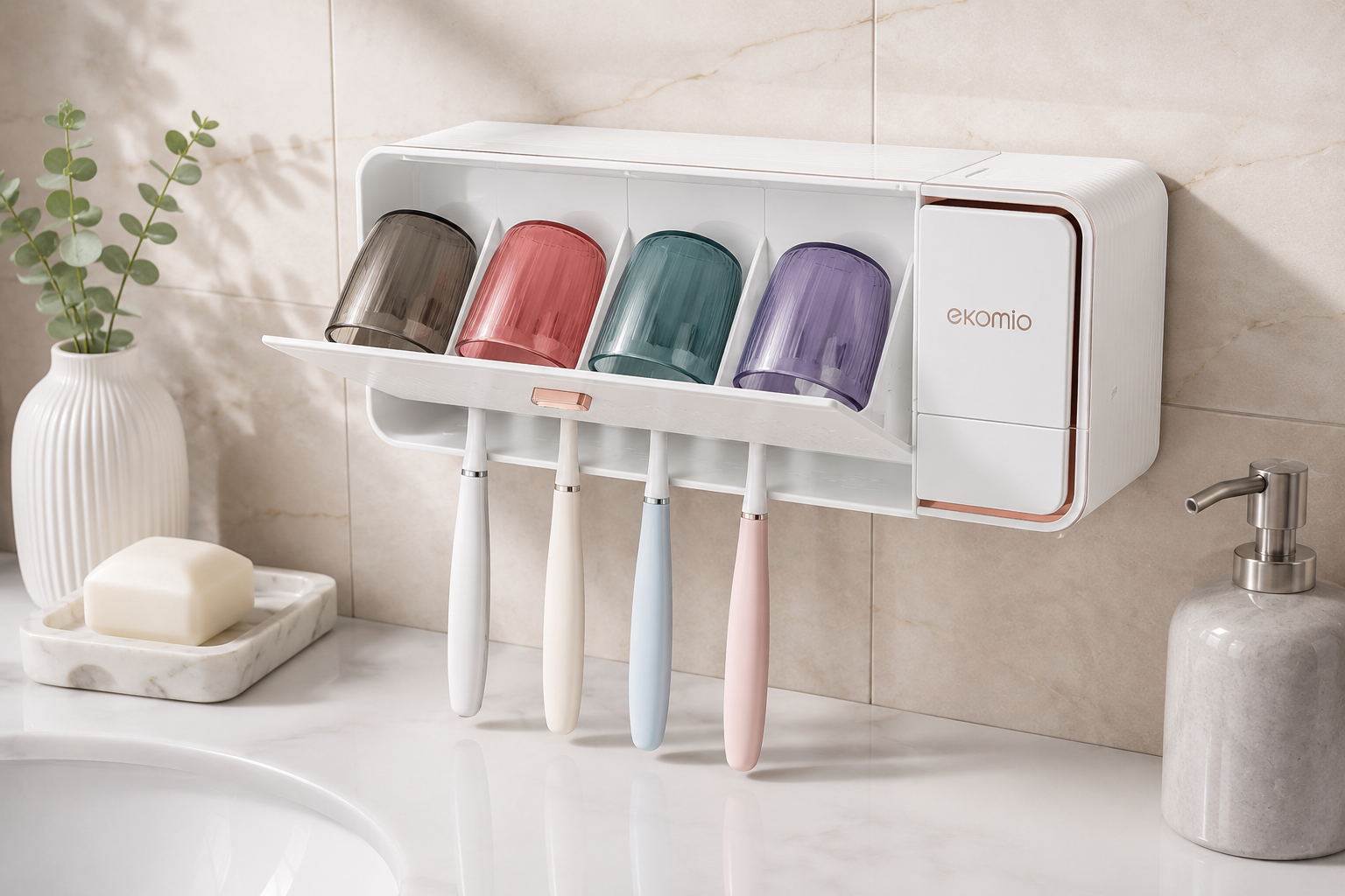 Ekomio Wall Mounted Toothbrush Holder & Storage Rack – 4 Cup Family Bathroom Organiser