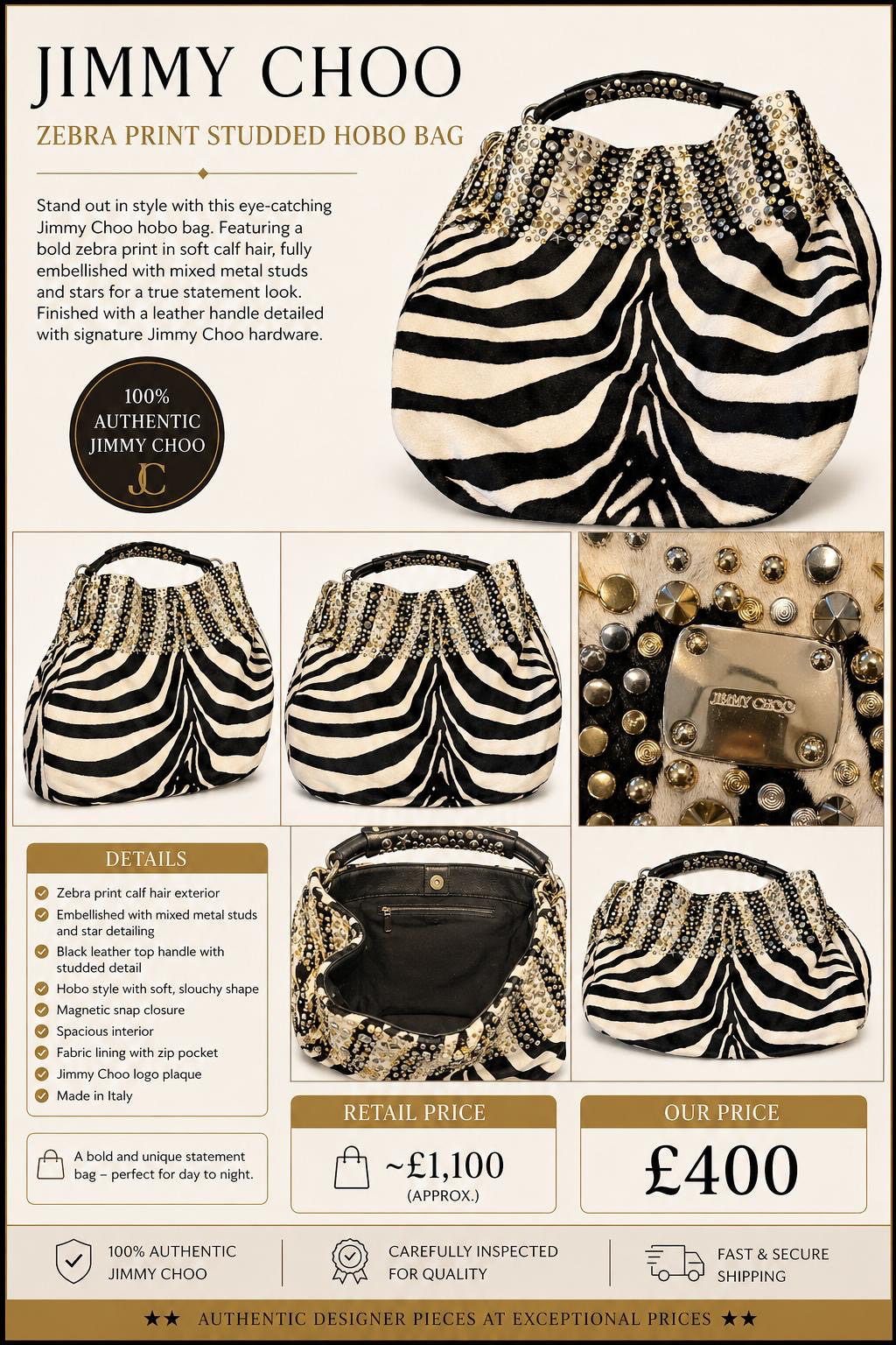 JIMMY CHOO ZEBRA PRINT STUDDED HOBO BAG – AUTHENTIC - PRELOVED