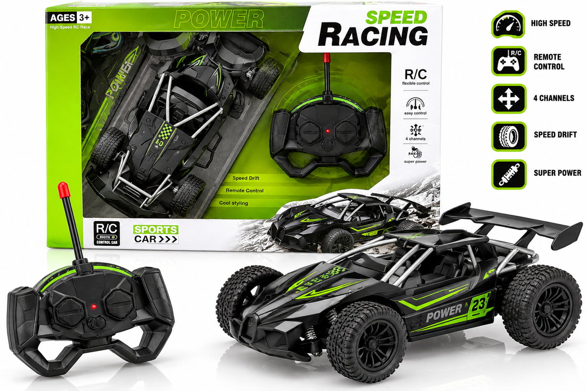 High Speed Remote Control Racing Car – 4 Channel RC Off-Road Buggy – Black & Green – 27MHz