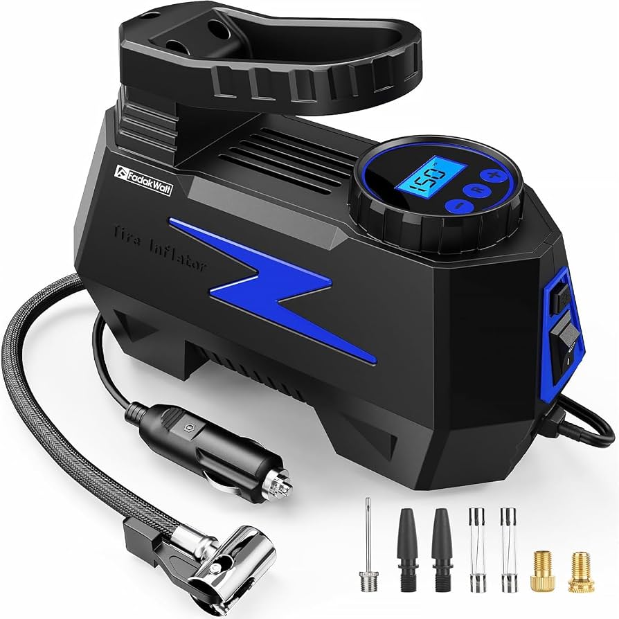Fadakwalt Tyre Inflator Portable Air Compressor, 12V DC Car Air Pump with Auto Shutoff, 150 PSI Digital Gauge, LED Light, Metal Valve Connector, Accessories for Cars