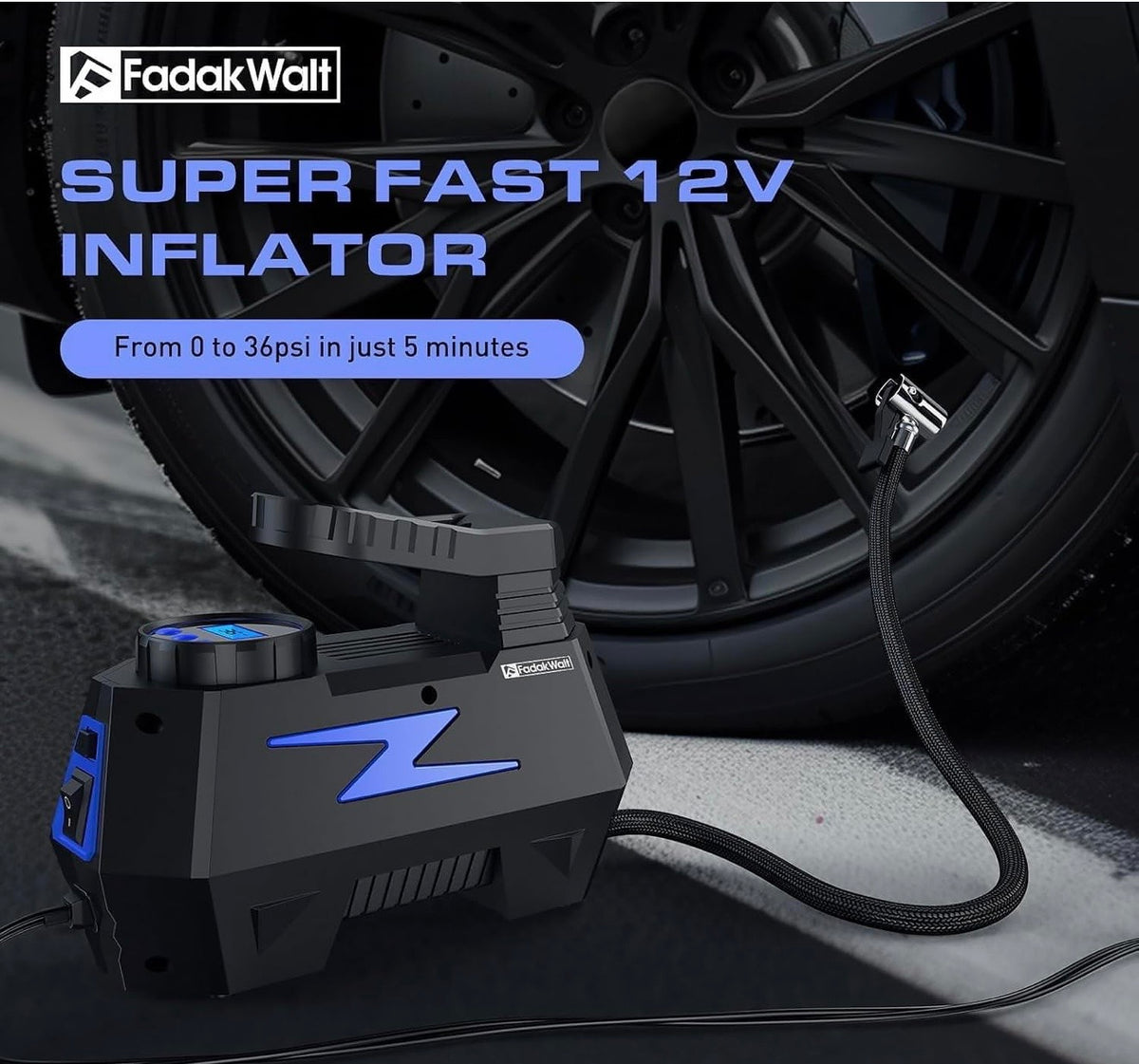 Fadakwalt Tyre Inflator Portable Air Compressor, 12V DC Car Air Pump with Auto Shutoff, 150 PSI Digital Gauge, LED Light, Metal Valve Connector, Accessories for Cars