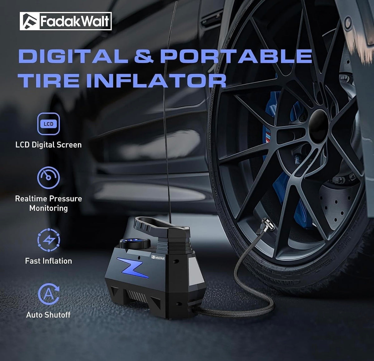 Fadakwalt Tyre Inflator Portable Air Compressor, 12V DC Car Air Pump with Auto Shutoff, 150 PSI Digital Gauge, LED Light, Metal Valve Connector, Accessories for Cars
