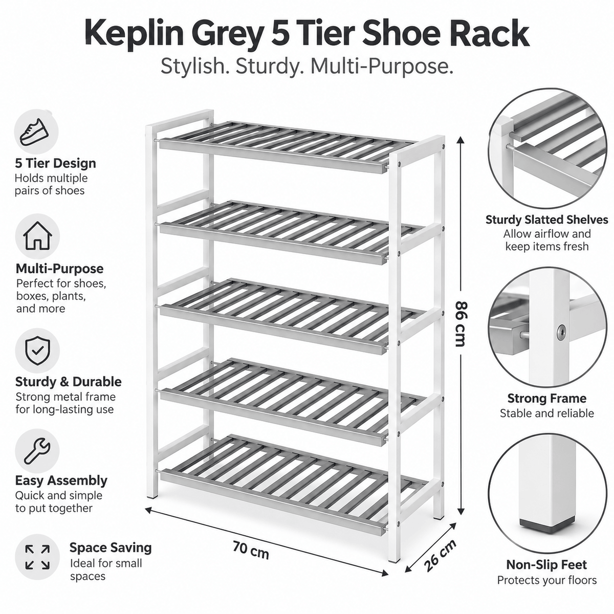 Keplin 5-Tier Shoe Rack Grey Multi-Level Shoe Storage Organiser