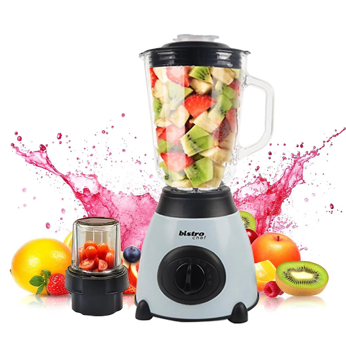 Bistro Chef 2-in-1 Ice Nuts Crushing Mixer Blender 850W Made from Glass & Stainless Steel (Blue)