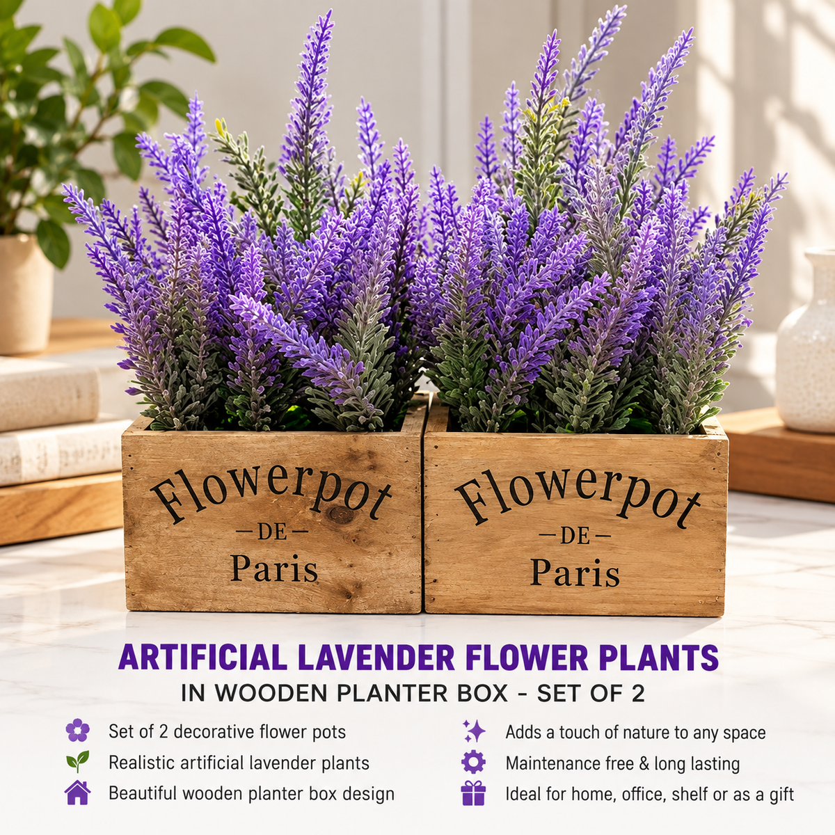 Artificial Lavender Flower Plants in Wooden Planter Box – Set of 2