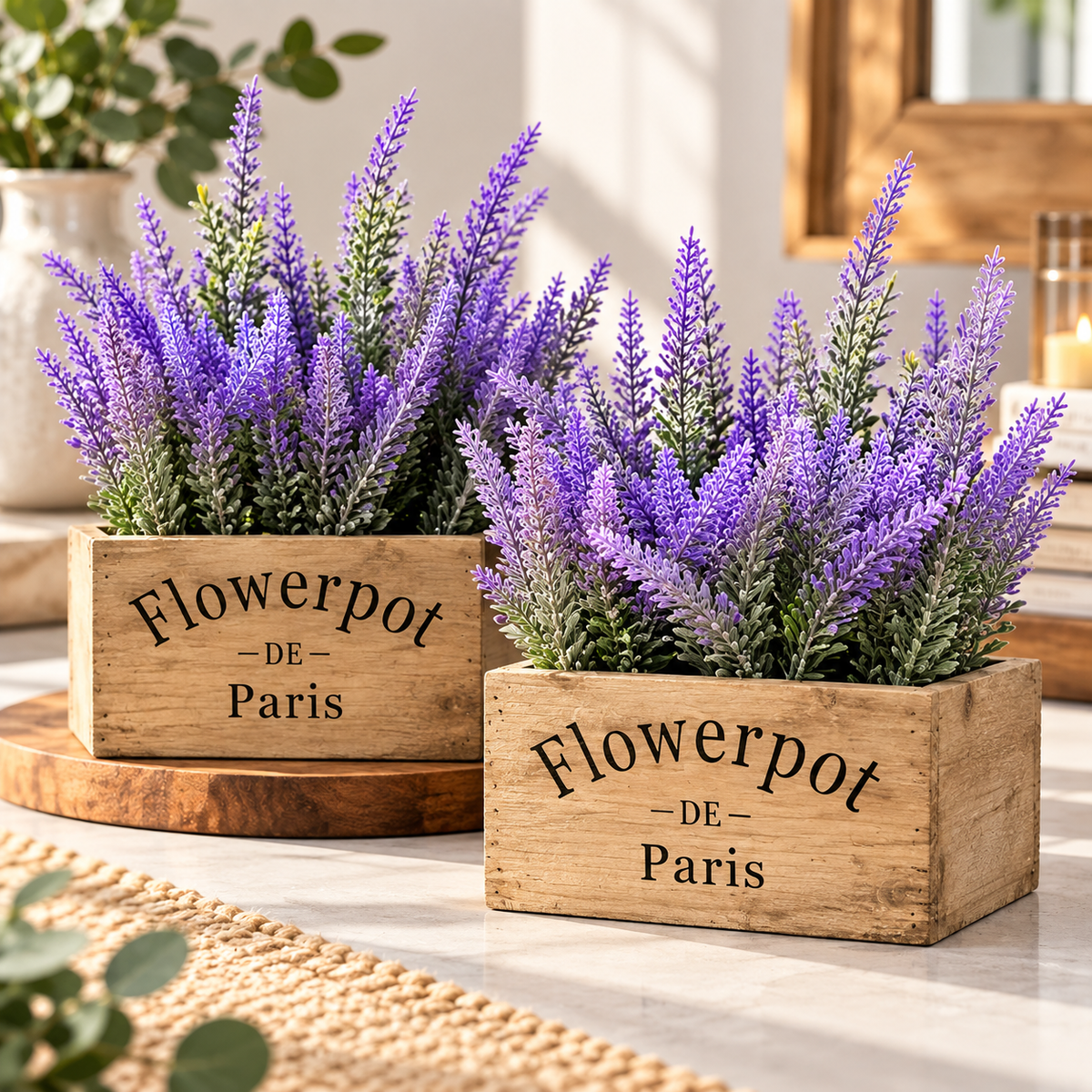 Artificial Lavender Flower Plants in Wooden Planter Box – Set of 2