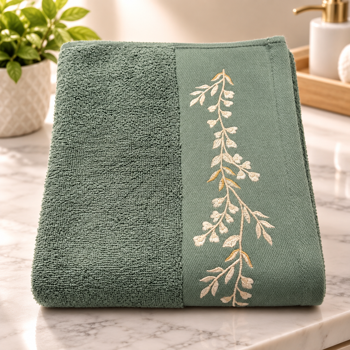 High St Premium Brand, Luxury Green Embroidered Pure Cotton Hand Towel β 50 Γ 90 CM