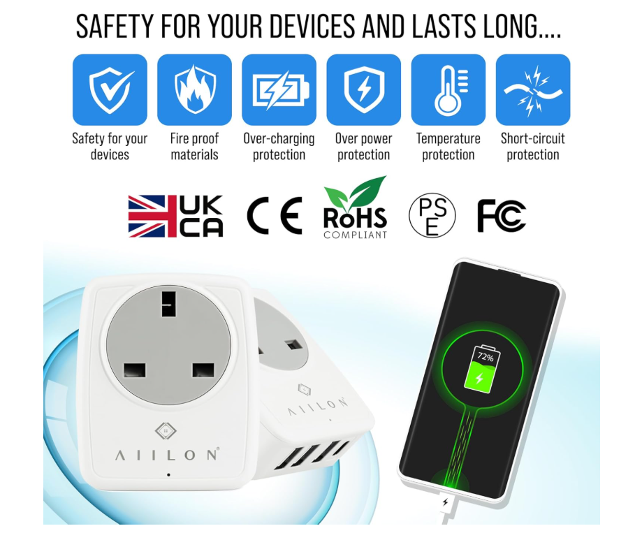 4-in-1 UK to Europe Travel Adapter Plug with USB & USB-C – European Multi USB Charger