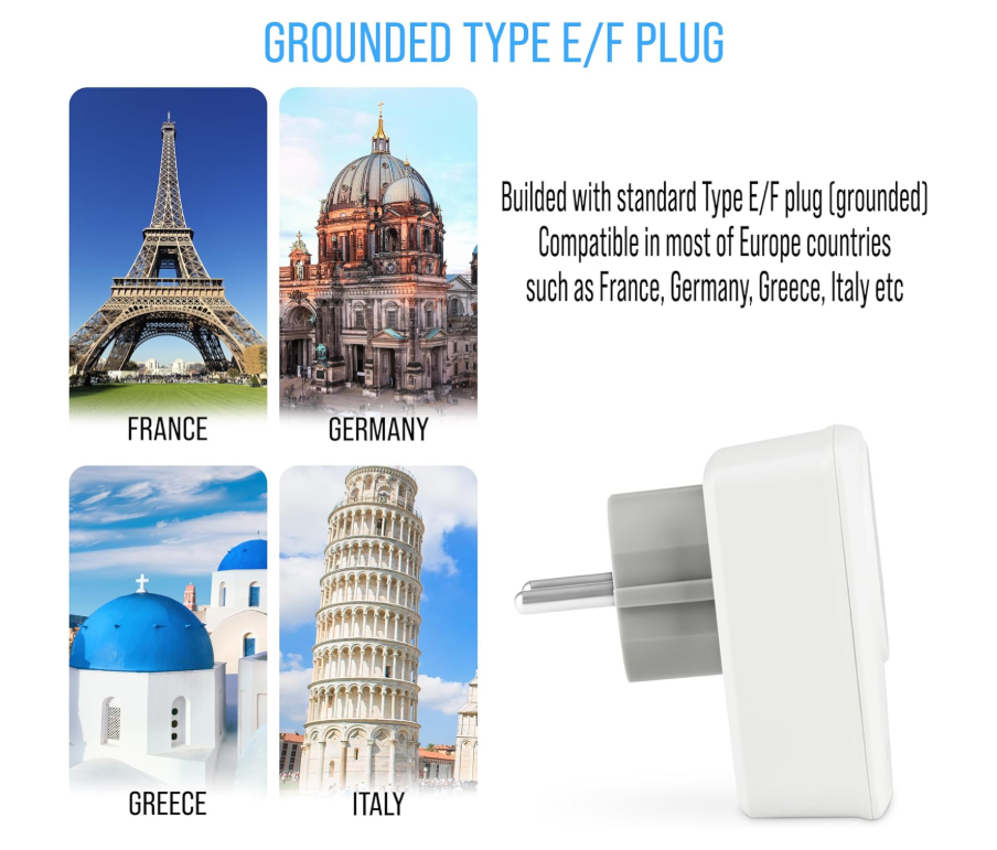 4-in-1 UK to Europe Travel Adapter Plug with USB & USB-C – European Multi USB Charger